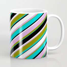 [ Thumbnail: Colorful Plum, Green, Dark Turquoise, Black, and White Colored Lined/Striped Pattern Coffee Mug ]