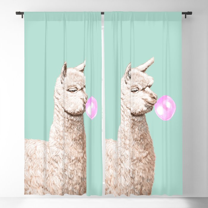 Playful Alpaca Chewing Bubble Gum in Green Blackout Curtain