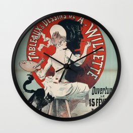 Jules Cheret Exposition De Tableaux And Dessins De A. Willette Black Cat And Woman Wall Clock
