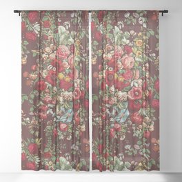 CHINTZ RED FLORAL PATTER WITH BLUE RIBBON. Sheer Curtain