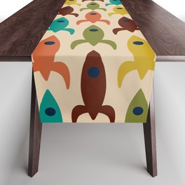 Space Age Rocket Ships - Atomic Age Mid-Century Modern Pattern in Mid Mod Colors on Beige Table Runner