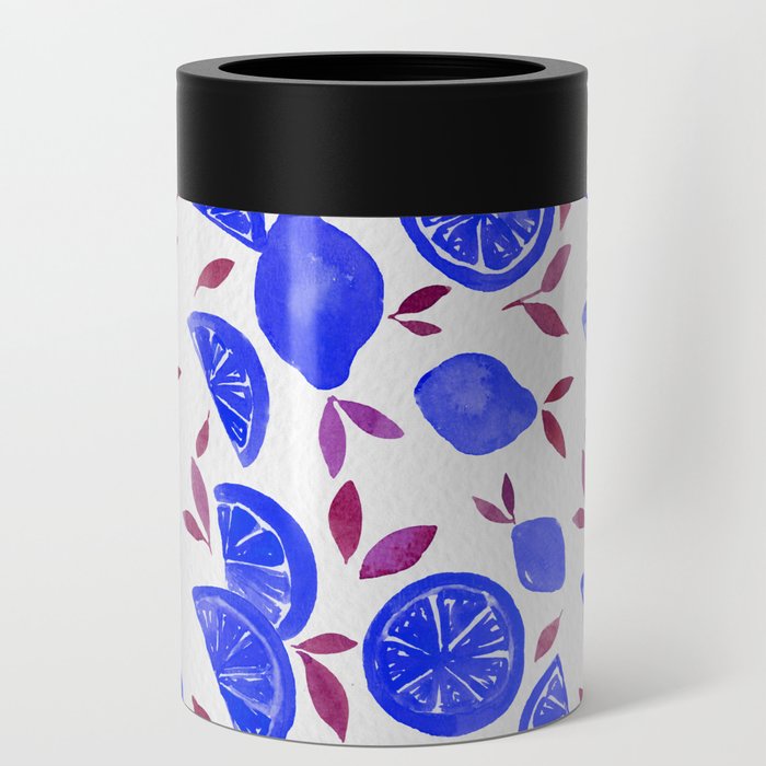 Watercolor lemons - blue and purple Can Cooler