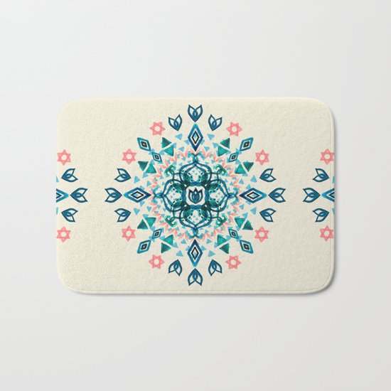 Watercolor Lotus Mandala in Teal & Salmon Pink Bath Mat