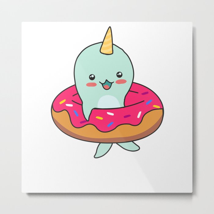 Sweet Narwhal Whale Funny Animals In Donut Metal Print