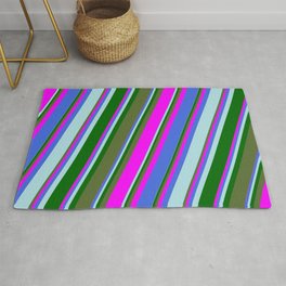 [ Thumbnail: Colorful Dark Olive Green, Fuchsia, Royal Blue, Powder Blue, and Dark Green Colored Lines Pattern Rug ]