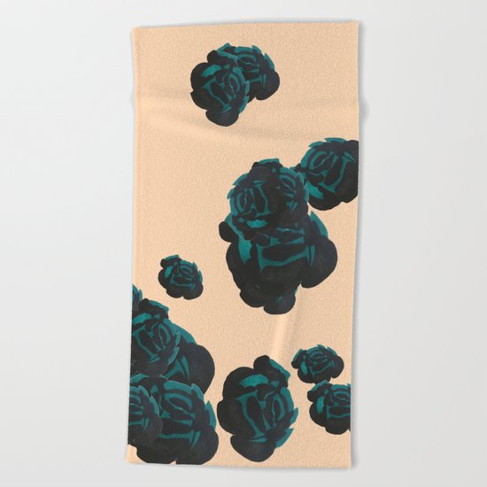 Green and Black Roses on Peach, Greenery Beach Towel