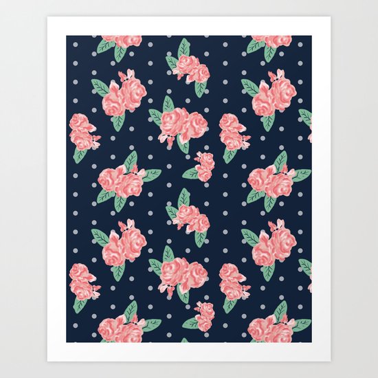 Brooklin - Navy dots floral bouquet minimal boho abstract flowers Art Print