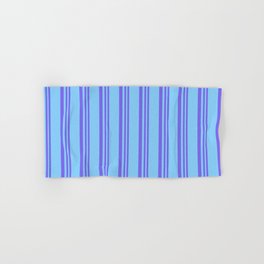 [ Thumbnail: Medium Slate Blue and Light Sky Blue Colored Pattern of Stripes Hand & Bath Towel ]
