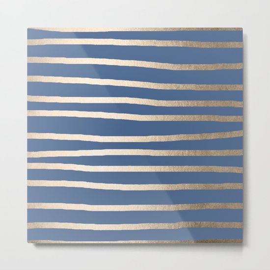 Simply Drawn Stripes White Gold Sands on Aegean Blue Metal Print
