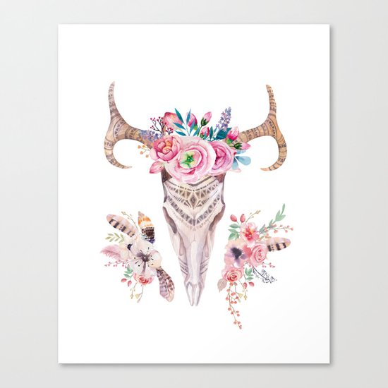 Deer skull with feathers and flowers Canvas Print