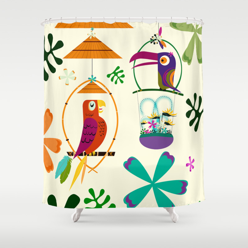 Vintage Modern Tiki Birds Shower, Tiki Shower Curtain Hooks