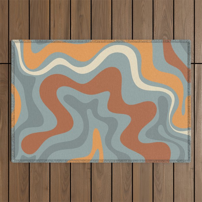 Retro Liquid Swirl Abstract Pattern Slate Blue Orange Rust Outdoor Rug