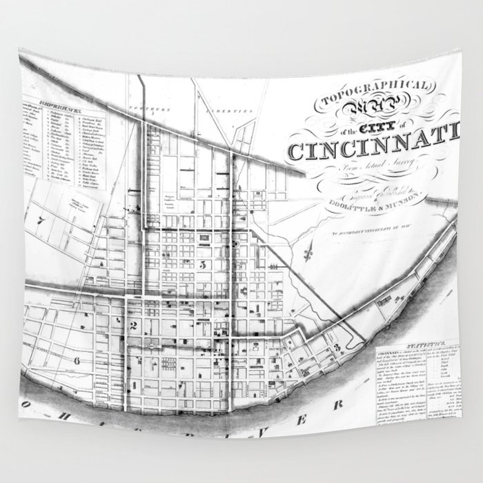 Vintage Map of Cincinnati Ohio (1841) BW Wall Tapestry