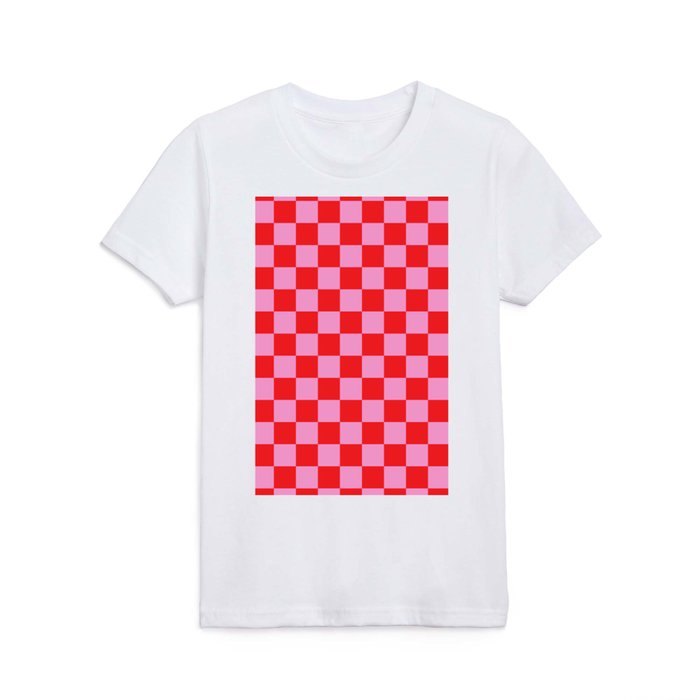 Pink Checkered And Red Bright Modern Shape Geometric Pattern Kids T Shirt