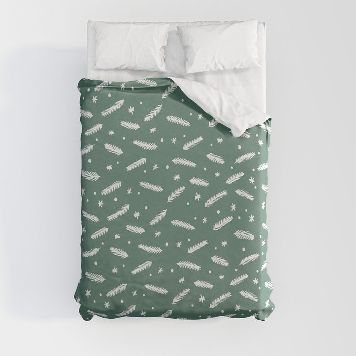 Christmas branches and stars - green and white Duvet Cover