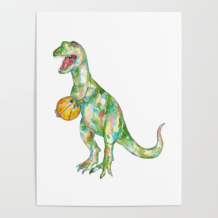  T-rex basketball dinosaur painting watercolour Poster