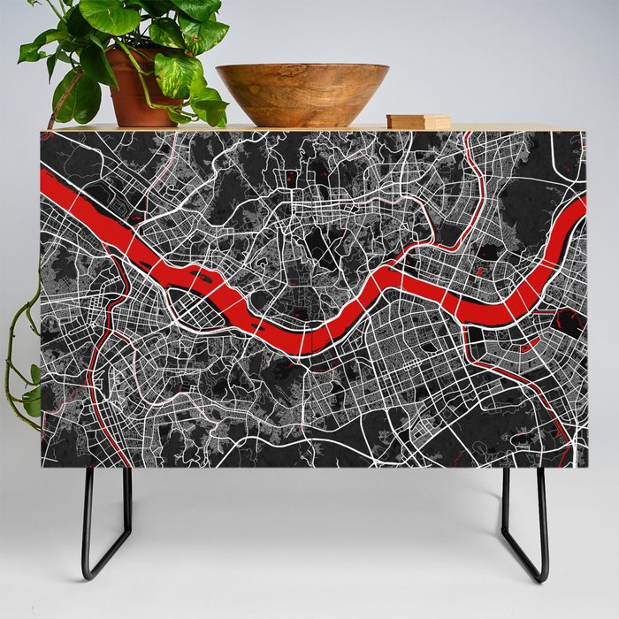 Seoul City Map of South Korea - Oriental Red Credenza