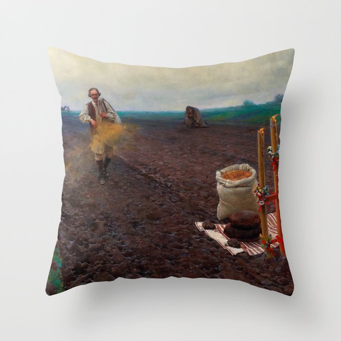 The First Sowing, 1896 by Piotr Stachiewicz Throw Pillow