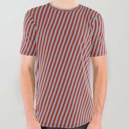 [ Thumbnail: Turquoise and Red Colored Pattern of Stripes All Over Graphic Tee ]