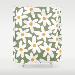 Daisy Time Retro Floral Pattern Sage Green White Mustard Shower Curtain