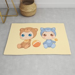 Babies in Cat and Bear Jumpsuits Rug | Drawing, Twins, Bear, Digital, Vector, Baby, Jumpsuit, Catsuit, Catjumpsuit, Babies 