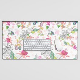 Exotic Tropical Pink Green Floral - Pattern Design Desk Mat