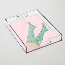 Legs with pink and green cherry socks Acrylic Tray