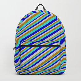 [ Thumbnail: Turquoise, Blue, Light Gray & Dark Goldenrod Colored Pattern of Stripes Backpack ]