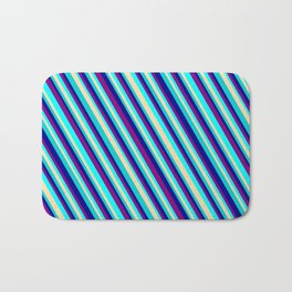 [ Thumbnail: Eye-catching Purple, Aqua, Tan, Dark Turquoise, and Dark Blue Colored Stripes/Lines Pattern Bath Mat ]