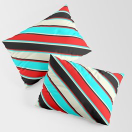 [ Thumbnail: Red, Cyan, Beige, and Black Colored Lines/Stripes Pattern Pillow Sham ]