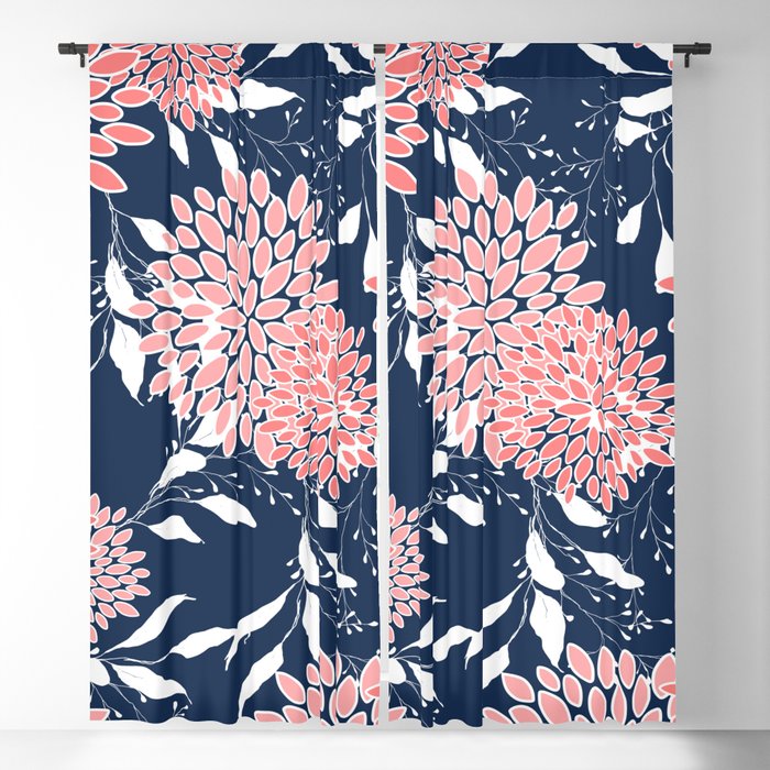 Festive, Floral Prints and Leaves, Pink, White and Navy Blue Blackout Curtain