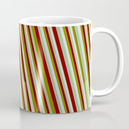 [ Thumbnail: Green, Light Gray, Dark Sea Green & Dark Red Colored Lines Pattern Coffee Mug ]