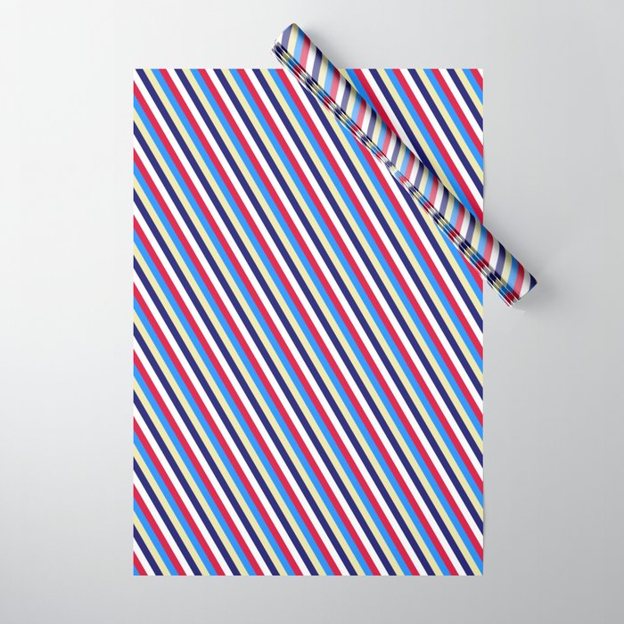 Eye-catching Crimson, Blue, Pale Goldenrod, Midnight Blue & White Colored Striped Pattern Wrapping Paper