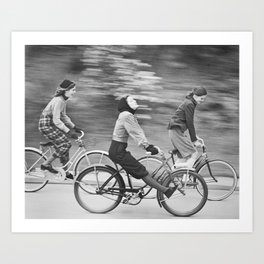 Women Riding Bicycles black and white photography / black and white photographs Art Print