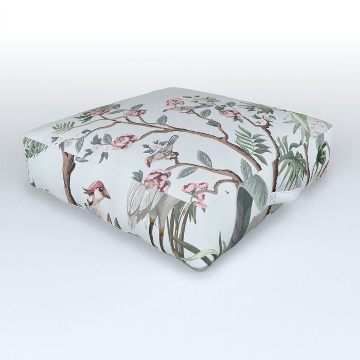 Border in chinoiserie style with storks and peonies. Vintage.  Outdoor Floor Cushion