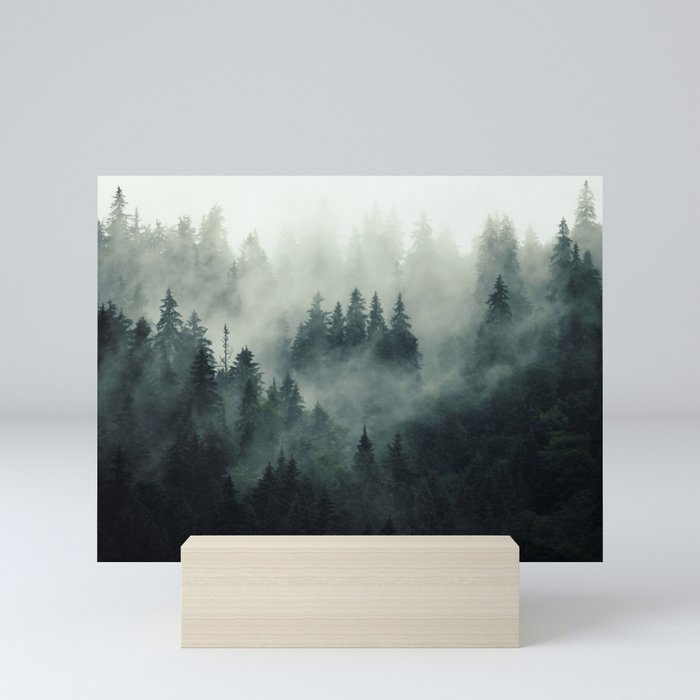 Green misty mountain pine forest in cloudy and rainy - vintage style photo Mini Art Print