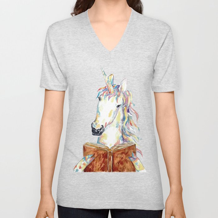 Unicorn reading book watercolor painting V Neck T Shirt