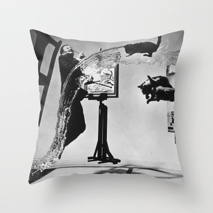 Dalí Atomicus, Salvador Dali painting with flying cats and water spurts surrealism / surrealist black and white photograph / photography by Philippe Halsman Throw Pillow