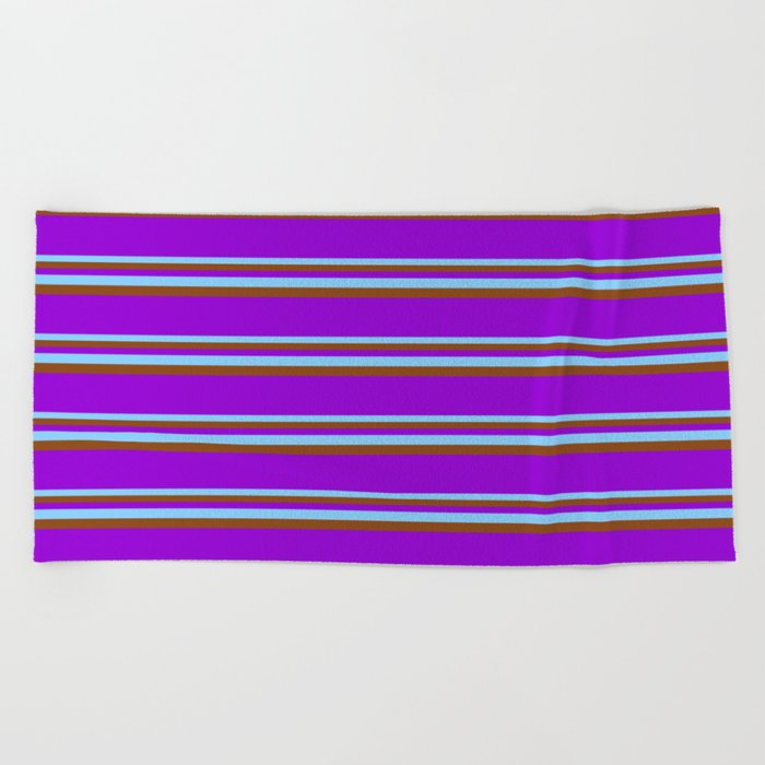 Light Sky Blue, Brown, and Dark Violet Colored Pattern of Stripes Beach Towel
