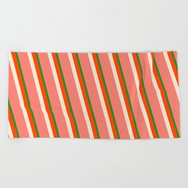 [ Thumbnail: Forest Green, Red, Beige, and Salmon Colored Lined/Striped Pattern Beach Towel ]