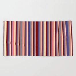 [ Thumbnail: Eyecatching Grey, Dark Slate Blue, Maroon, Beige, and Light Coral Colored Striped Pattern Beach Towel ]