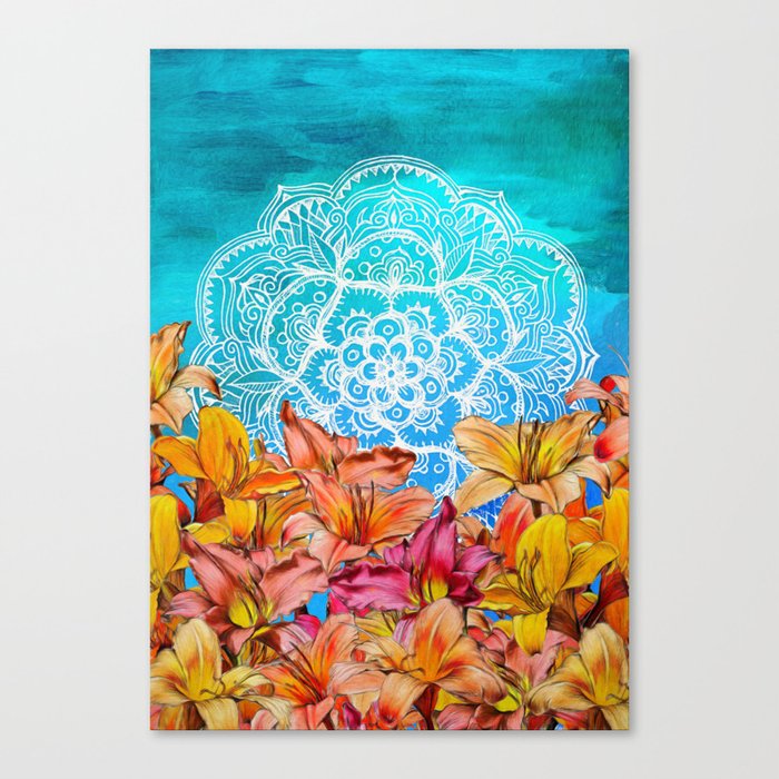 Orange Lilies & White Mandala on Blue Canvas Print