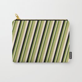 [ Thumbnail: Green, Dark Khaki, Beige & Black Colored Stripes/Lines Pattern Carry-All Pouch ]