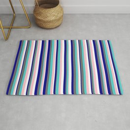 [ Thumbnail: Eye-catching Dark Blue, Dim Gray, Turquoise, Pink, and White Colored Lined/Striped Pattern Rug ]