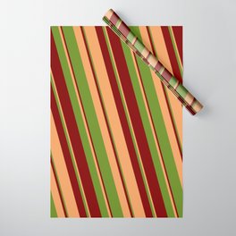[ Thumbnail: Brown, Green & Maroon Colored Striped/Lined Pattern Wrapping Paper ]