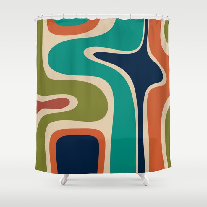 Copacetic Retro Abstract in Mid Mod Teal Blue Olive Green Orange Beige  Shower Curtain