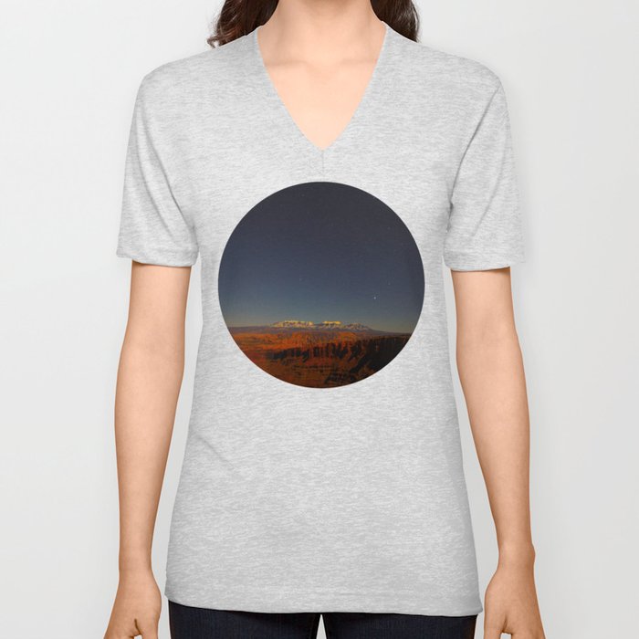 Grand Canyon Sunset Blue & Orange Colors Circle Photo V Neck T Shirt