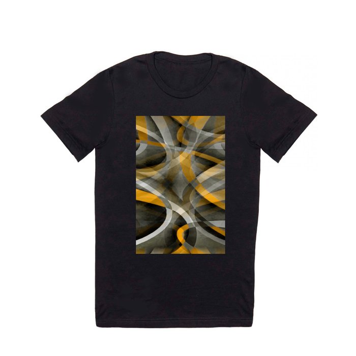 Eighties Mustard Yellow On Grey Abstract Curve Pattern T Shirt