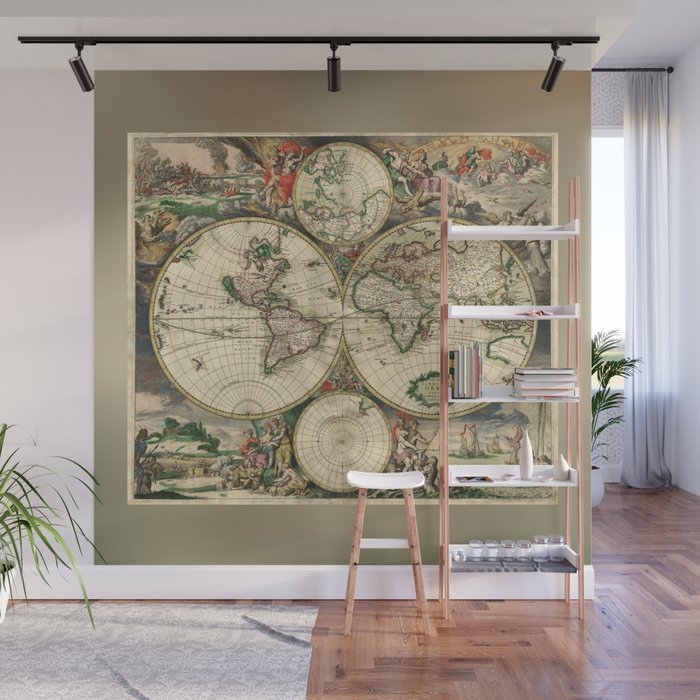 Old map of world hemispheres (enhanced) Wall Mural