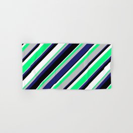 [ Thumbnail: Green, Grey, Midnight Blue, Black & White Colored Stripes Pattern Hand & Bath Towel ]
